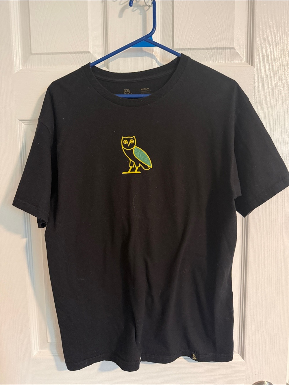 Black Men's Short Sleeve Tee with Yellow & Green Owl Logo
